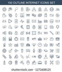100 internet icons. Trendy internet icons white background. Included outline icons such as hands, share, dollar, phone cable, stairs, mouse. internet icon for web and mobile.