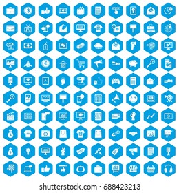 100 internet marketing icons set in blue hexagon isolated vector illustration