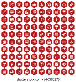 100 internet marketing icons set in red hexagon isolated vector illustration
