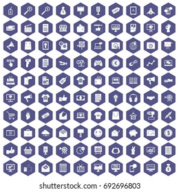 100 internet marketing icons set in purple hexagon isolated vector illustration