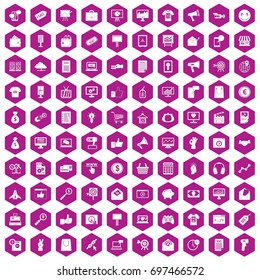100 internet marketing icons set in violet hexagon isolated vector illustration