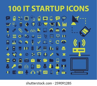 100 internet technology startup, growth, strategy, business icons, signs, illustrations concept design set, vector