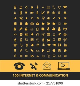 100 internet, website, communication icons, signs, illustrations, vectors, symbols set
