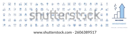 100 Investment Icons Collection. Line Duotone style, editable stroke. money drop, stock exchange, revenue, growth, nest, dollar tree, plant, idea, oil market, gold bars.