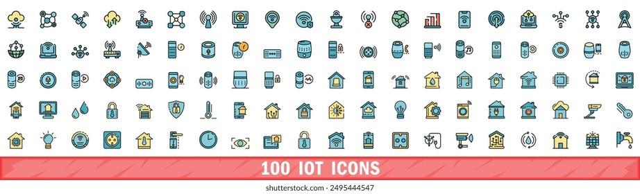 100 iot icons set. Color line set of iot vector icons thin line color flat on white