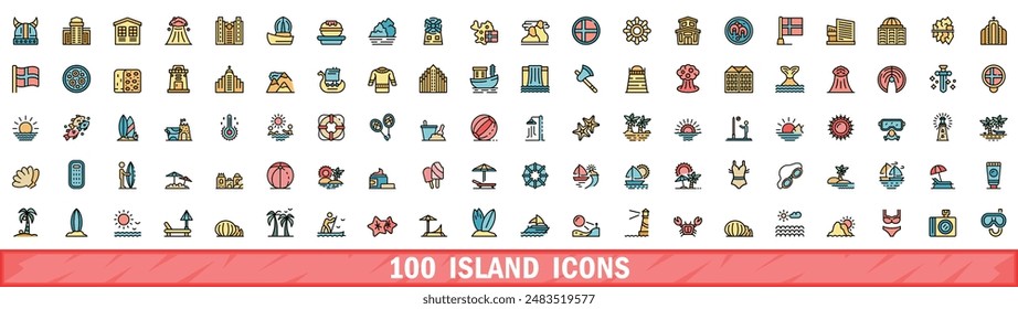 100 island icons set. Color line set of island vector icons thin line color flat on white