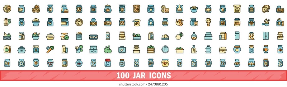 Conjunto de 100 iconos de tarro. Conjunto de línea de color de iconos vectoriales de tarro línea delgada de color plana en blanco