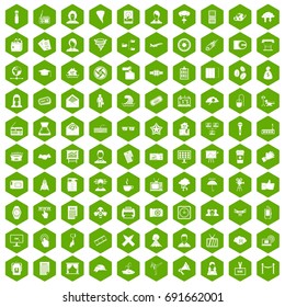 100 journalist icons set in green hexagon isolated vector illustration