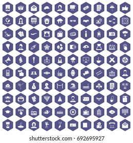 100 journalist icons set in purple hexagon isolated vector illustration