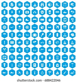 100 journey icons set in blue hexagon isolated vector illustration