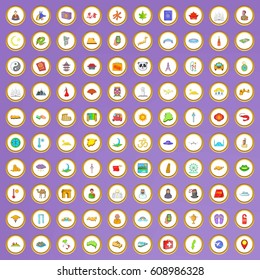 100 journey icons set in cartoon style on purple background vector illustration