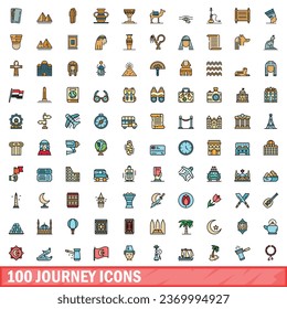 100 journey icons set. Color line set of journey vector icons thin line color flat on white