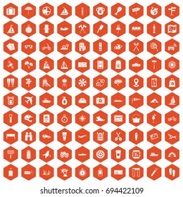 100 journey icons set in orange hexagon isolated vector illustration