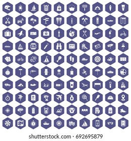 100 journey icons set in purple hexagon isolated vector illustration