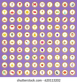 100 joy icons set in cartoon style on purple background vector illustration