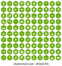 100 joy icons set in green hexagon isolated vector illustration