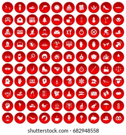 100 joy icons set in red circle isolated on white vector illustration