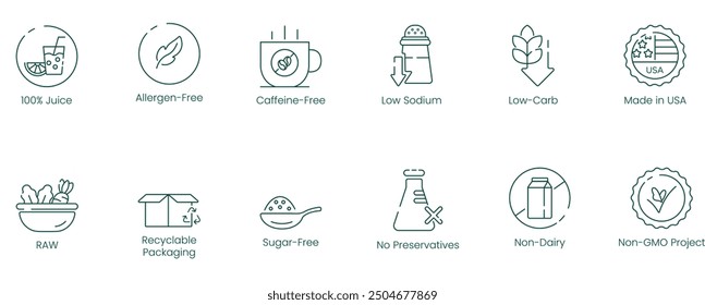 100% Juice, Allergen-Free, Caffeine-Free, Low Sodium, Low Carb, Made in USA, Low Raw, Recyclable Packaging, Sugar-Free, Low Preservatives, Non-Dairy, and Non-GMO Project Vector Illustration Icon Set