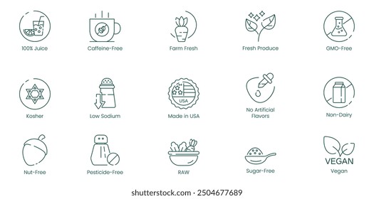 100% Juice, Caffeine-Free, Farm Fresh, Fresh Produce, GMO-Free, Kosher, Low Sodium, Made in USA, No Artificial Flavors, Non-Dairy, Nut-Free, Pesticide-Free, Raw, Sugar-Free, and Vegan Vector icons