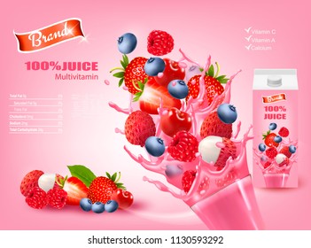 100% Juice with Fresh Berries and Splashing Liquid. Advert Concept. Design template. Vector.