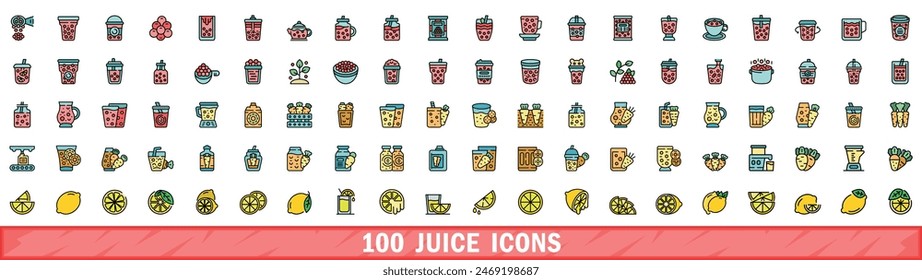 100 juice icons set. Color line set of juice vector icons thin line color flat on white