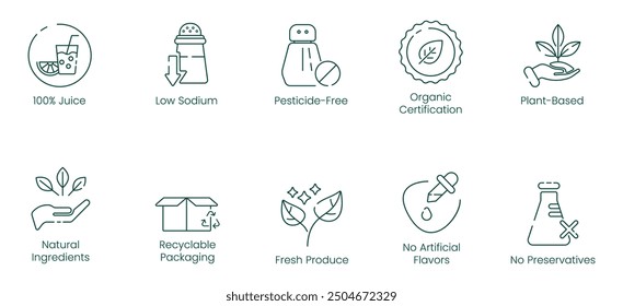 100% Juice, Low Sodium, Pesticides-Free, Organic Certification, Plant-Based, Natural Ingredients, Recycled Packaging, Fresh Produce, No Artificial Flavors, and No Preservatives Vector Illustration Ico