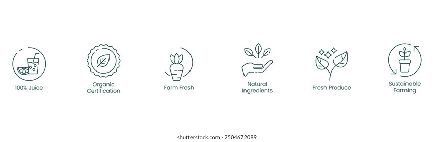 100% Juice, Organic Certification, Farm-Fresh, Natural Ingredients, Fresh Produce, and Sustainable Farming Vector Illustration Icon Set