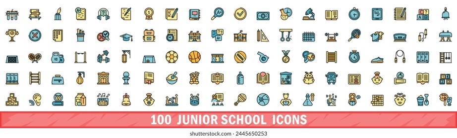 100 junior school icons set. Color line set of junior school vector icons thin line color flat on white