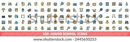 100 junior school icons set. Color line set of junior school vector icons thin line color flat on white