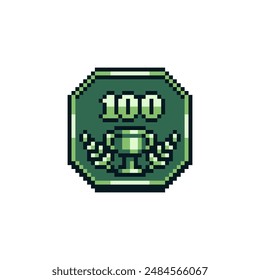 100 k, achievement pixel art icon, goblet emblem, subscribers, likes, design for logo, web, mobile app. Game tournament. 8-bit. Game assets. Isolated abstract vector illustration.