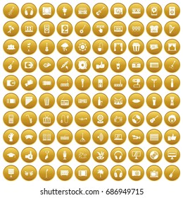 100 karaoke icons set in gold circle isolated on white vectr illustration