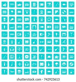 100 karaoke icons set in grunge style blue color isolated on white background vector illustration