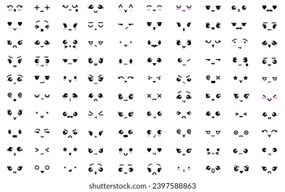 100 Kawaii Emoji Vektorset - Visualisierung von Emoticons-Gesichtstypen - Vektorkonzept der japanischen Emoji 
