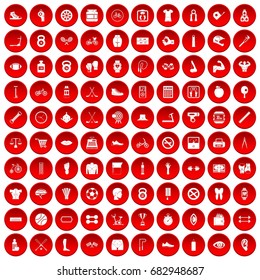 100 kettlebell icons set in red circle isolated on white vector illustration