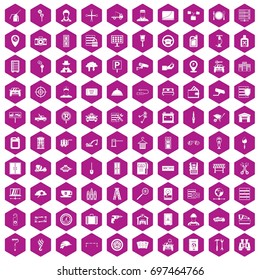 100 keys icons set in violet hexagon isolated vector illustration