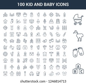 100 kid and baby universal linear icons set with Cubes, Footprints, Stork, Baby Carriage, Feeding Bottle, Elephant, Rubber Duck, Car