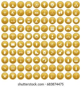 100 kids activity icons set gold