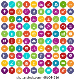 100 kids activity icons set in different colors circle isolated vector illustration