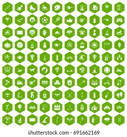 100 kids activity icons set in green hexagon isolated vector illustration