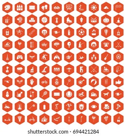 100 kids activity icons set in orange hexagon isolated vector illustration