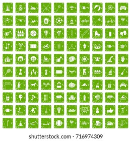 100 kids activity icons set in grunge style green color isolated on white background vector illustration