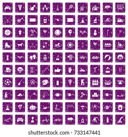 100 kids activity icons set in grunge style purple color isolated on white background vector illustration
