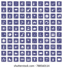 100 kids activity icons set in grunge style sapphire color isolated on white background vector illustration