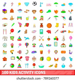 100 kids activity icons set in cartoon style for any design vector illustration