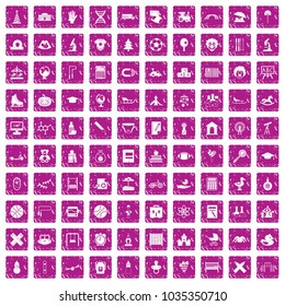 100 kids icons set in grunge style pink color isolated on white background vector illustration