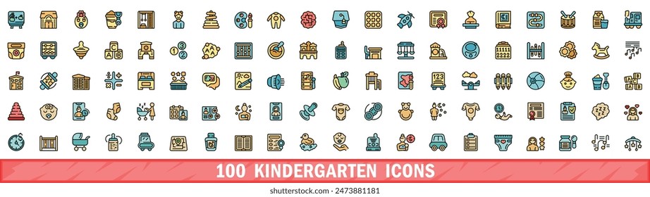 100 iconos de jardín de infantes. Conjunto de línea de color de iconos vectoriales de jardín de infantes línea fina de color plana en blanco