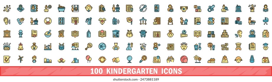 100 kindergarten icons set. Color line set of kindergarten vector icons thin line color flat on white