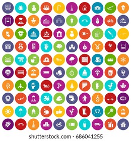 100 kindergarten icons set in different colors circle isolated vector illustration
