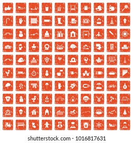 100 kindergarten icons set in grunge style orange color isolated on white background vector illustration