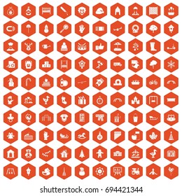 100 kindergarten icons set in orange hexagon isolated vector illustration